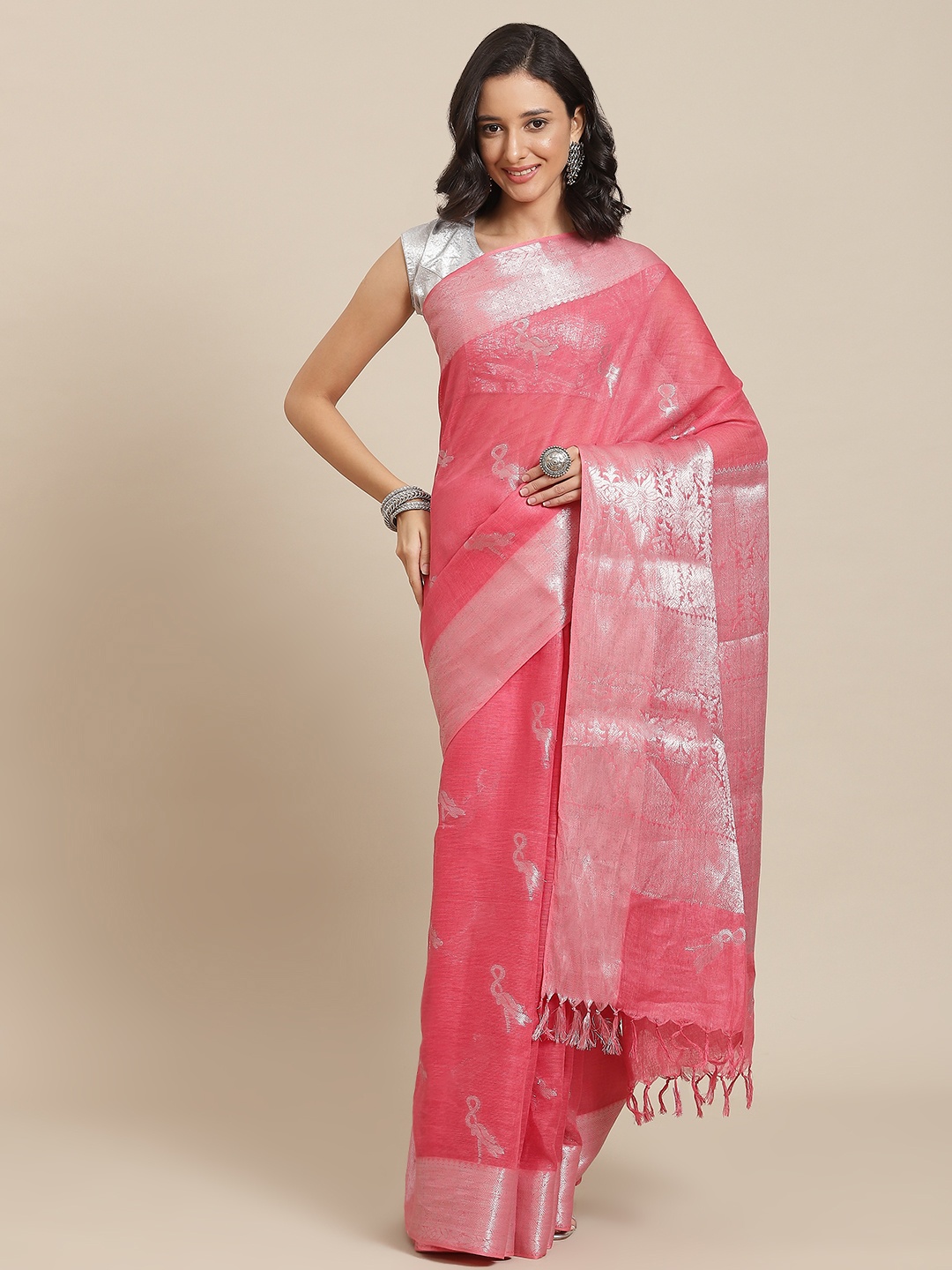 

swatika Pink Ethnic Motifs Zari Pure Linen Bhagalpuri Saree