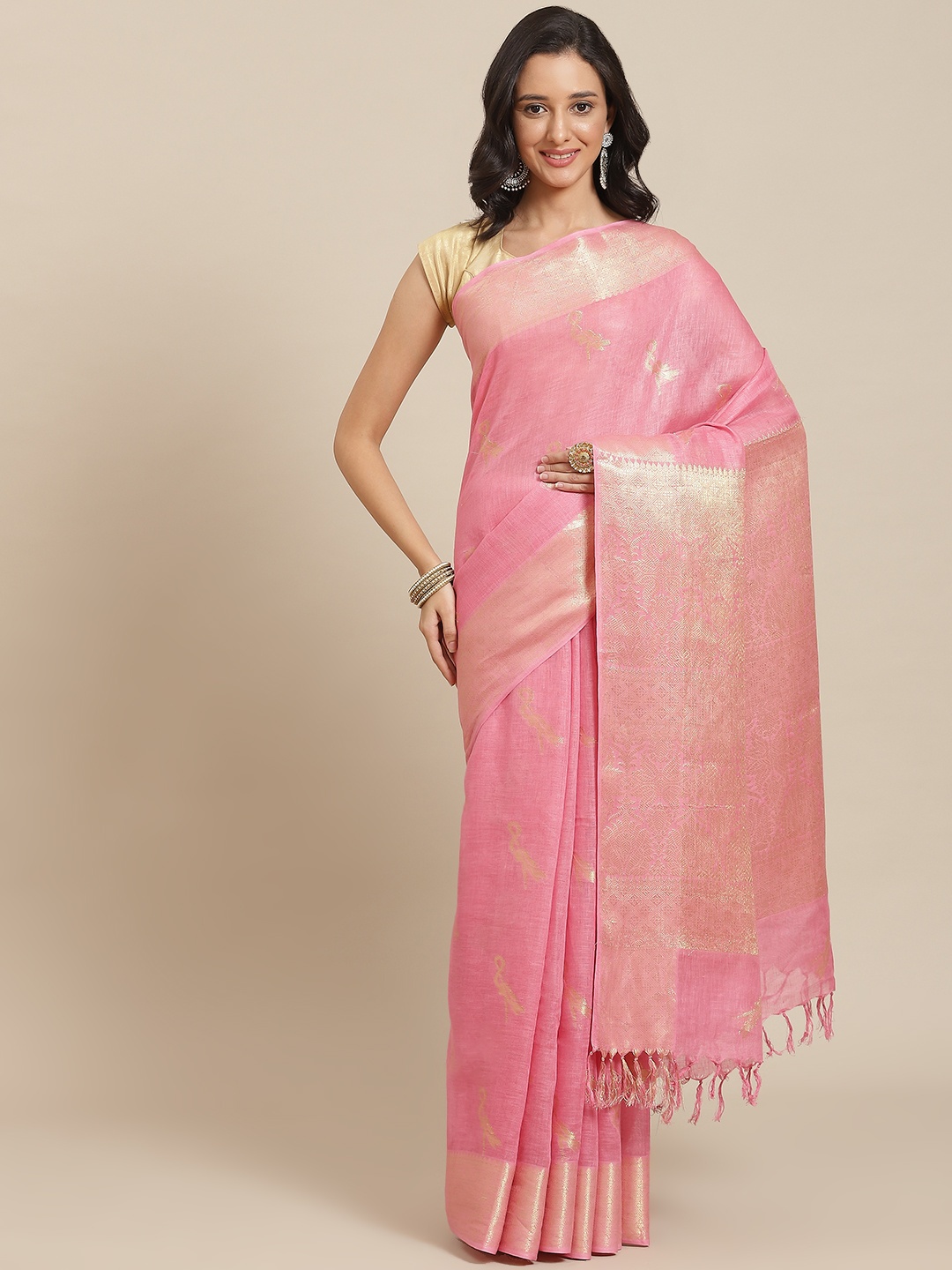 

swatika Pink & Gold-Toned Ethnic Motifs Zari Pure Linen Bhagalpuri Saree
