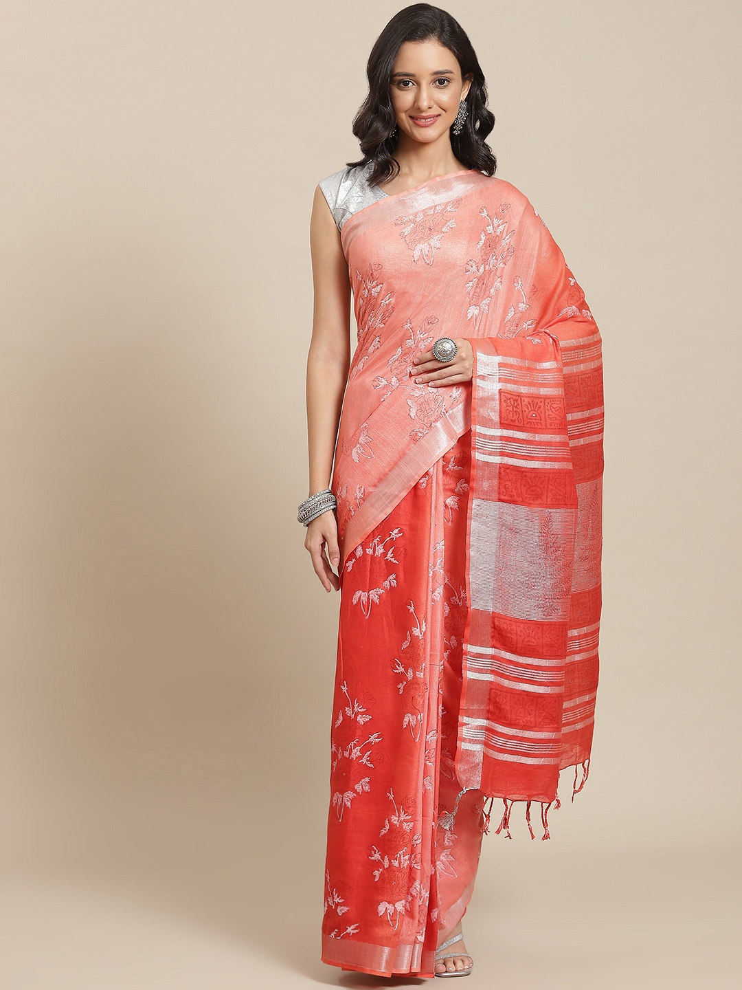 

swatika Red & Coral Floral Zari Linen Blend Bhagalpuri Saree