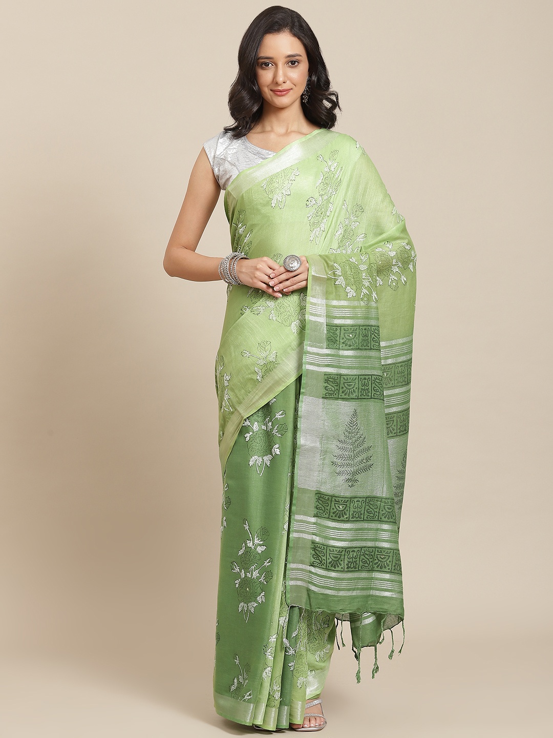

swatika Green Floral Zari Linen Blend Bhagalpuri Saree