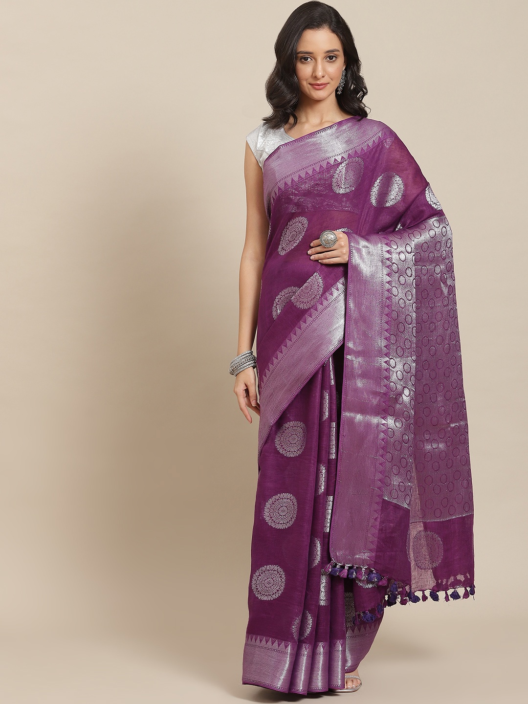 

swatika Purple & Silver-Toned Ethnic Motifs Zari Pure Linen Bhagalpuri Saree