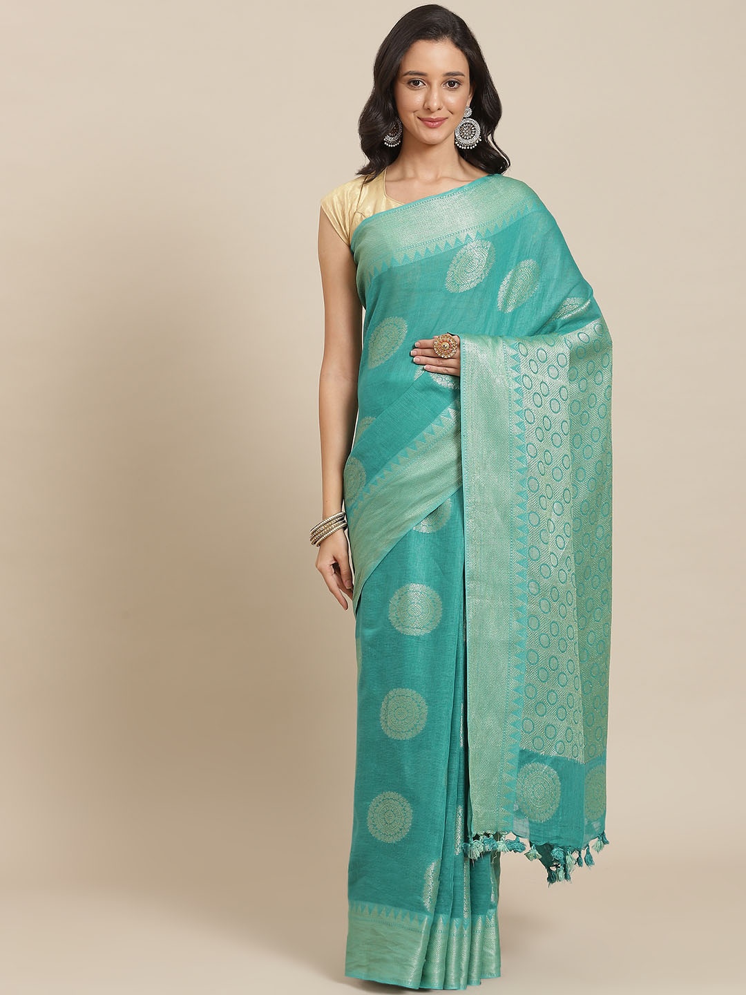 

swatika Green Ethnic Motifs Zari Pure Linen Bhagalpuri Saree