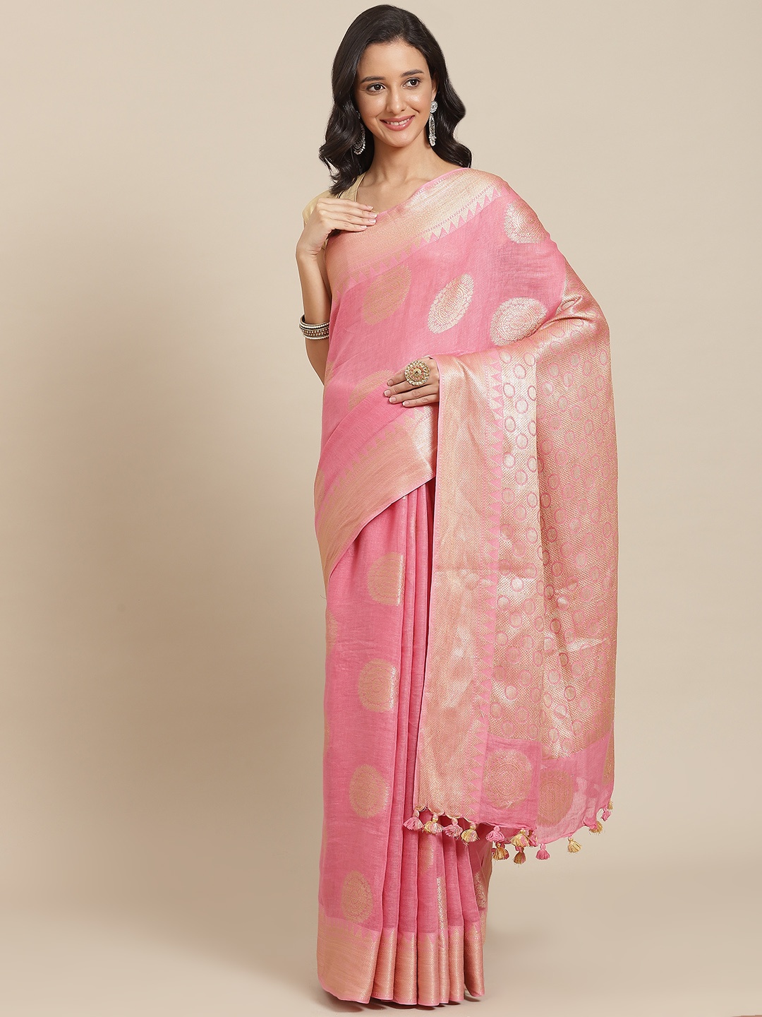 

swatika Pink & Gold-Toned Ethnic Motifs Zari Pure Linen Bhagalpuri Saree