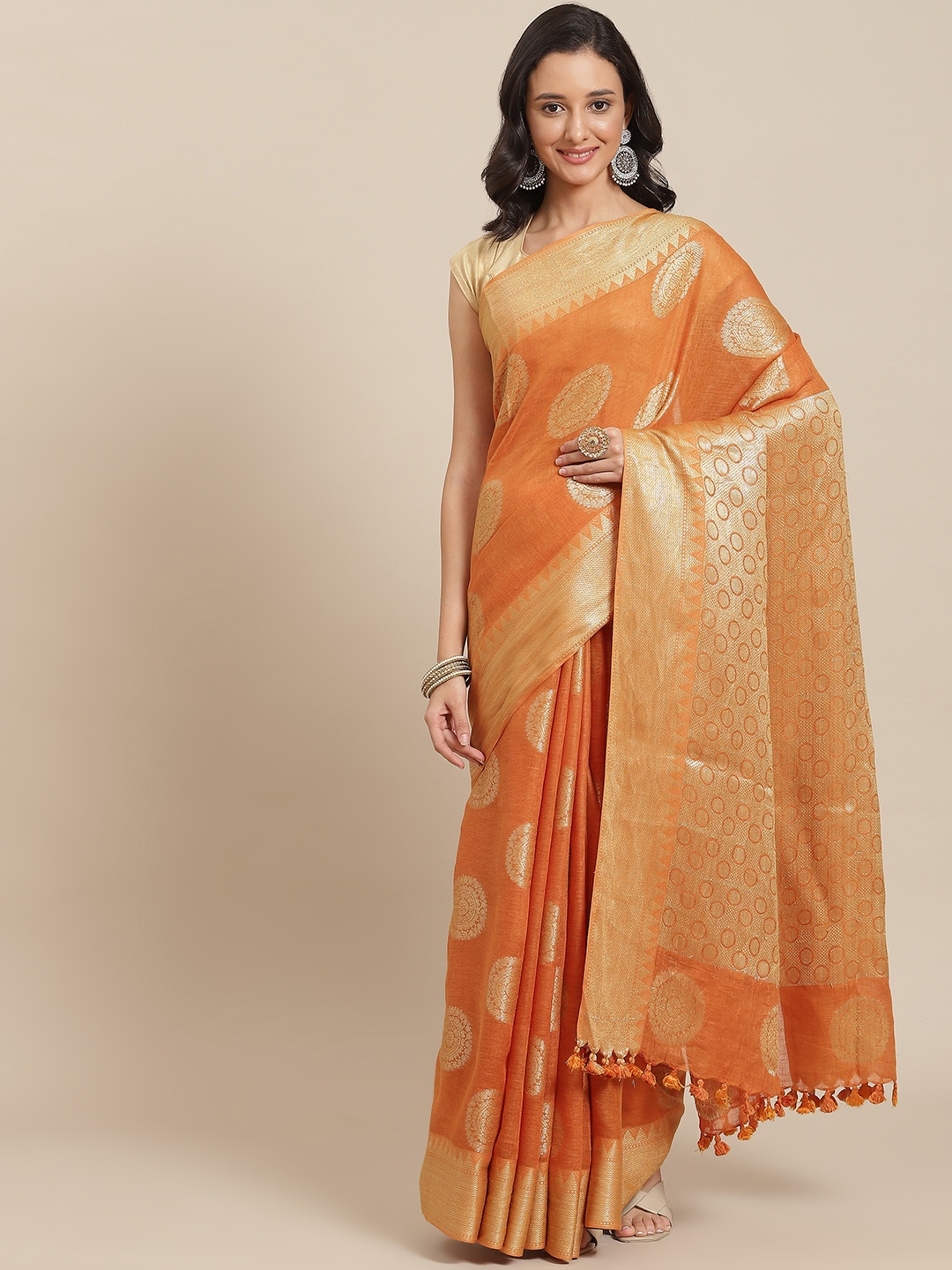 

swatika Orange & Gold-Toned Ethnic Motifs Zari Pure Linen Bhagalpuri Saree