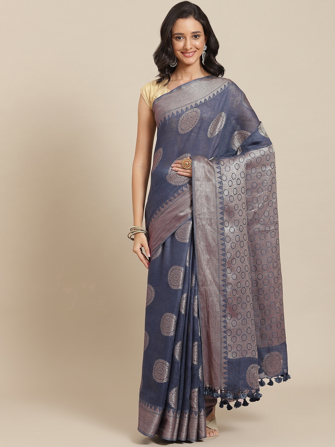 

swatika Blue & Silver-Coloured Ethnic Motifs Zari Pure Linen Bhagalpuri Saree