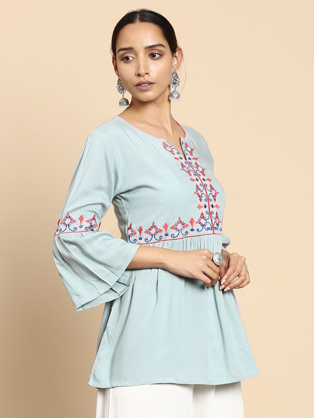 

Soch Sea Green & Pink Viscose Rayon Embroidered Tunic
