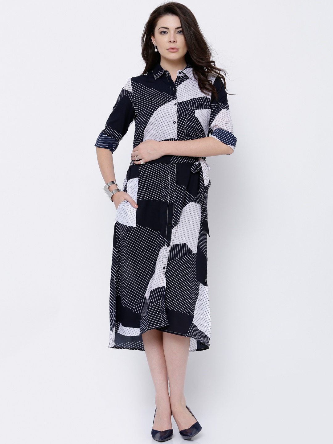

Tokyo Talkies Women Navy & White Printed Shirt Dress, Navy blue