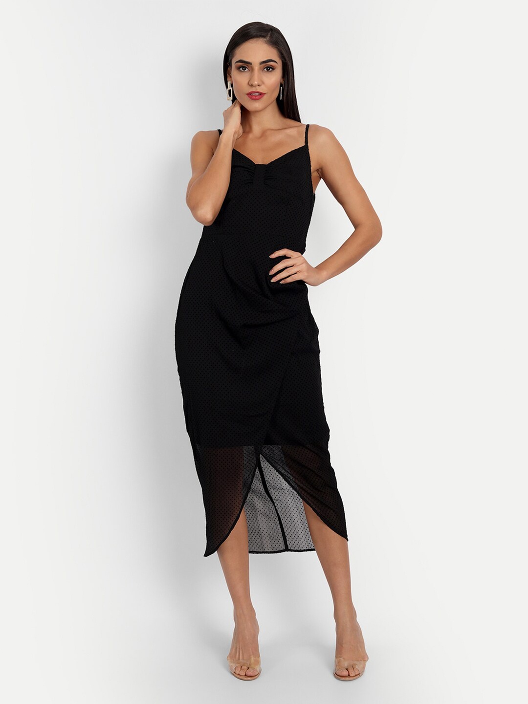 

ESSQUE Black Solid Velvet Sheath Midi Slip Dress