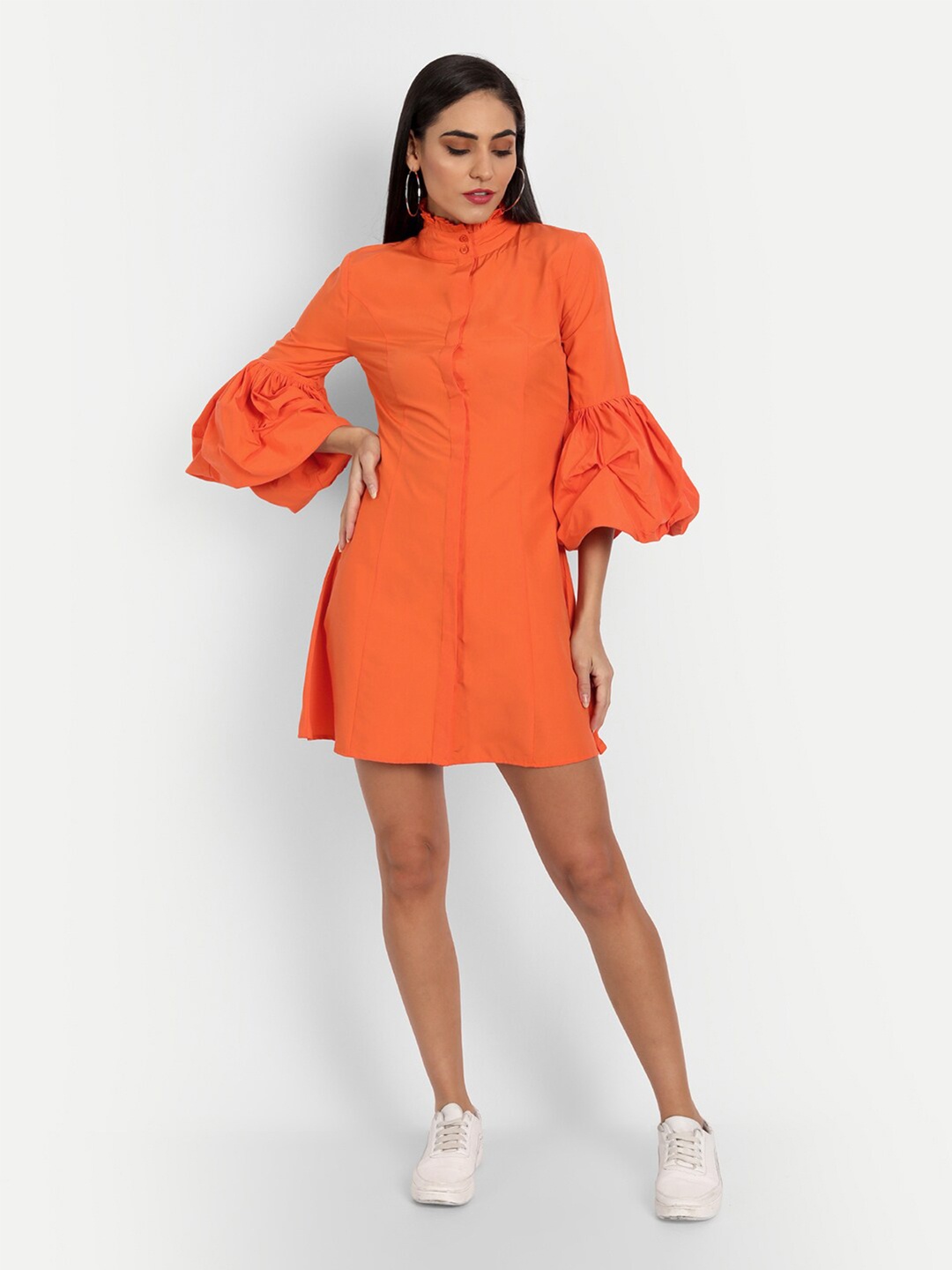 

ESSQUE Orange Sheath Mini Dress With Concealed Button Front Open