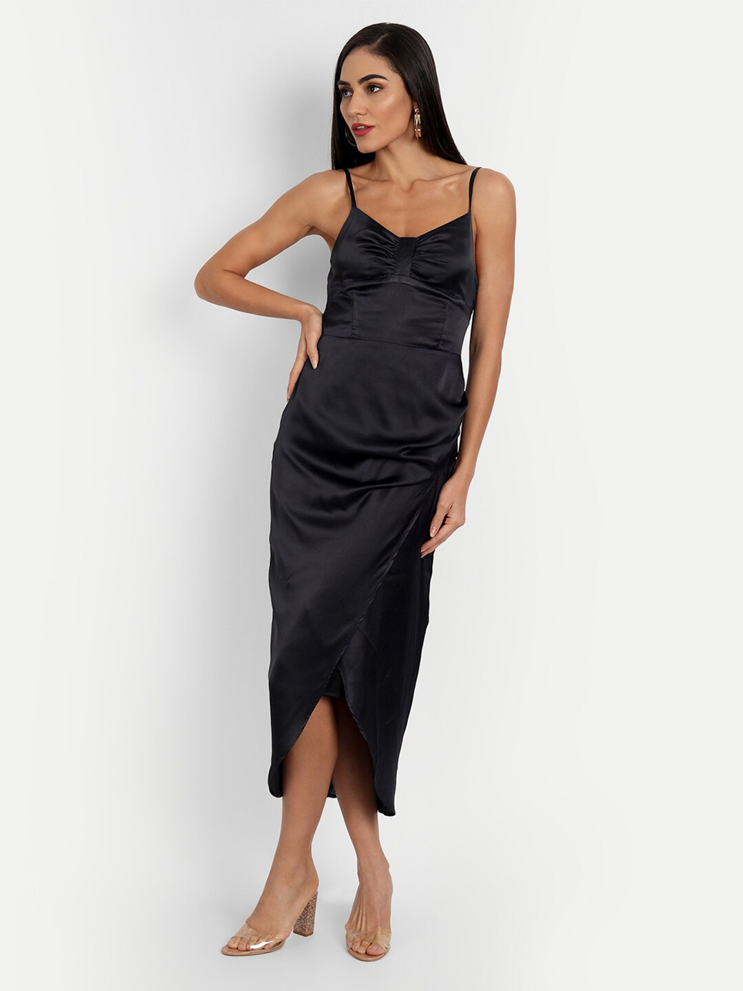 

ESSQUE Navy Blue & raisin black Satin Midi Dress