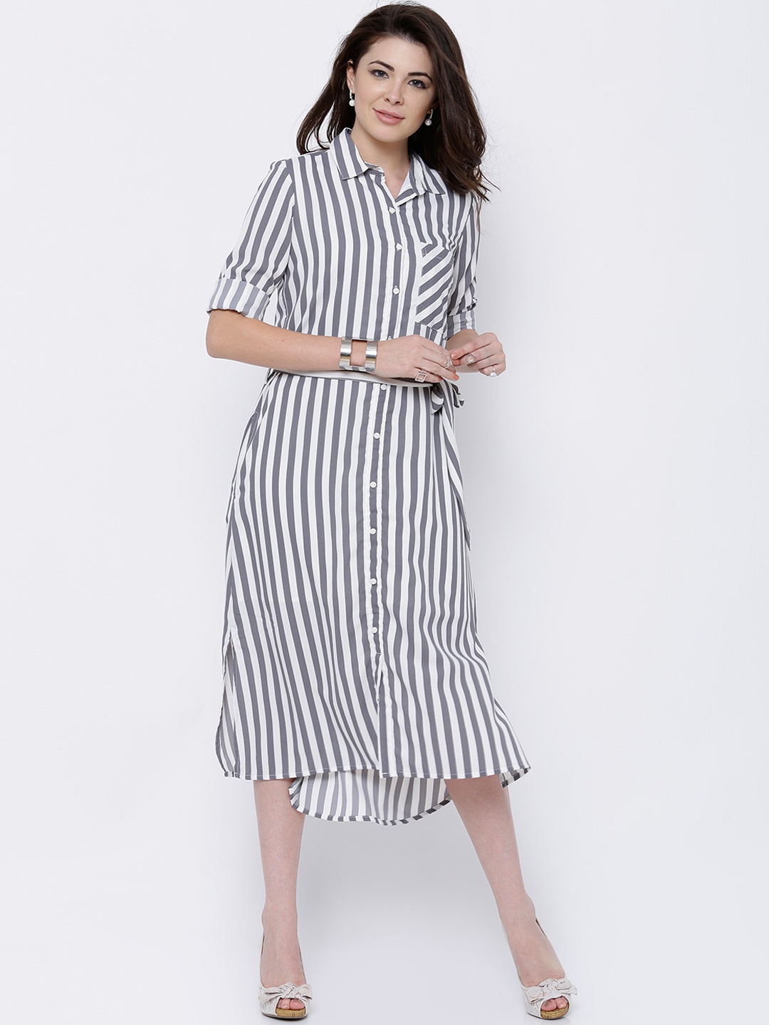 

Tokyo Talkies Women Grey & White Striped Shirt Dress