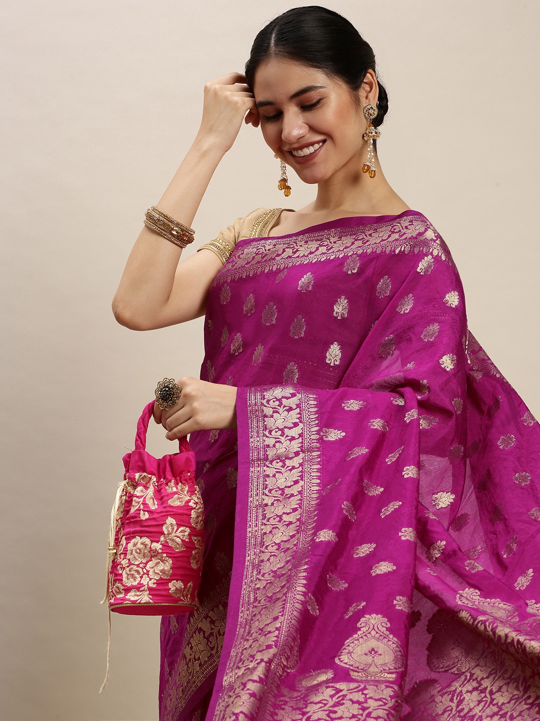 

swatika Purple & Gold-Toned Woven Design Ethnic Motifs Pure Silk Bhagalpuri Saree