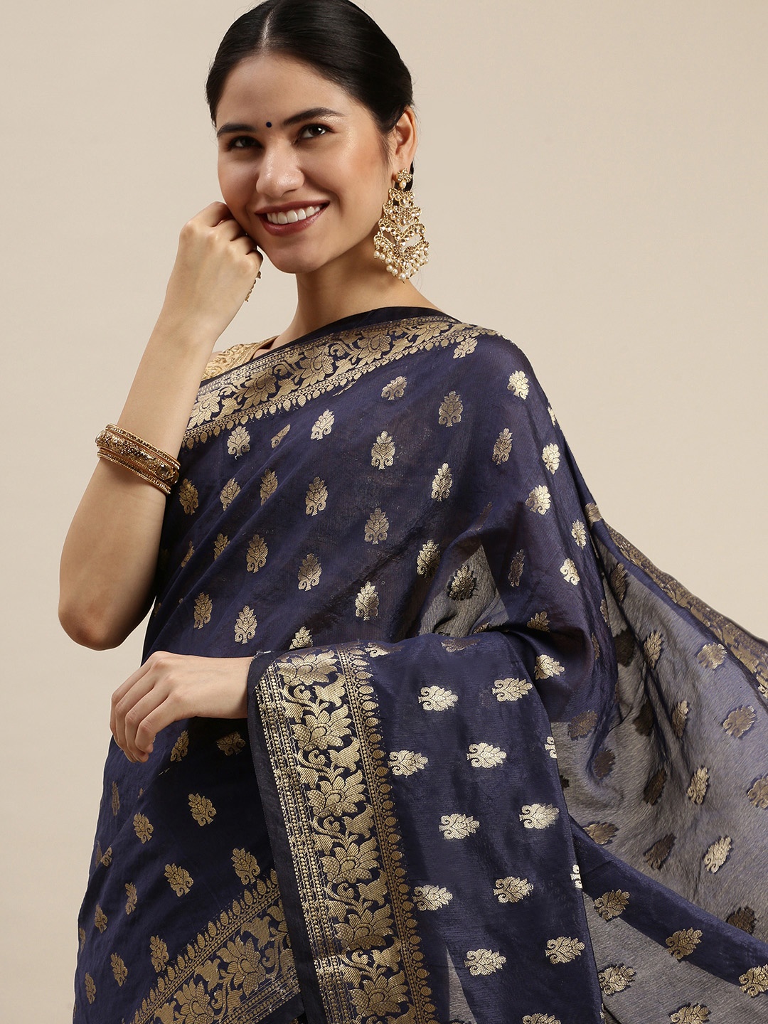 

swatika Blue & Gold-Toned Ethnic Motifs Woven Design Pure Silk Bhagalpuri Saree