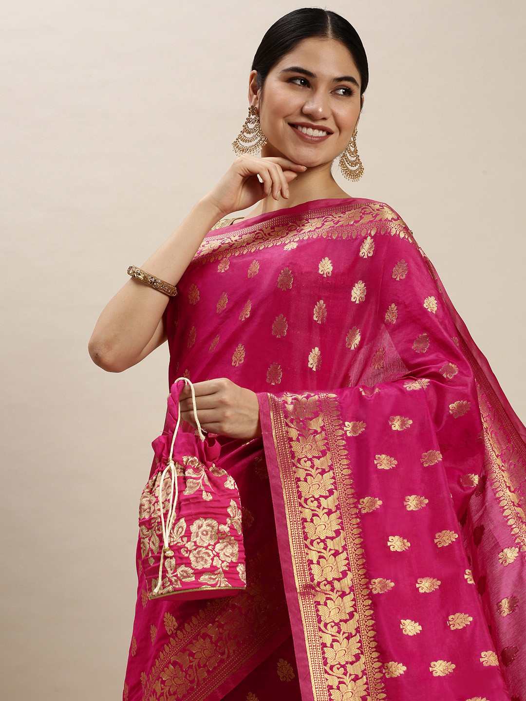 

swatika Pink & Gold-Toned Woven Design Ethnic Motifs Pure Silk Bhagalpuri Saree