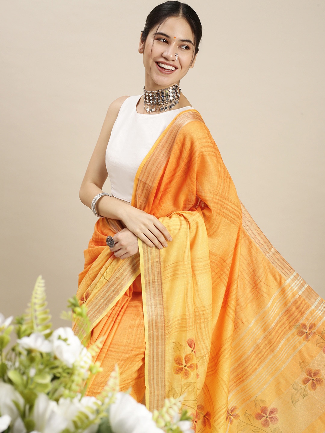 

swatika Orange & Grey Floral Printed Linen Blend Bhagalpuri Saree