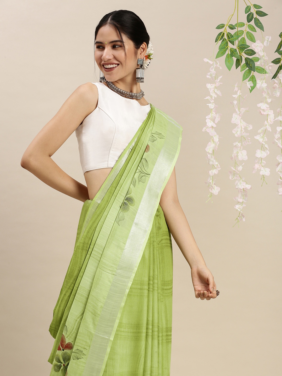 

swatika Green & Grey Floral Printed Linen Blend Bhagalpuri Saree