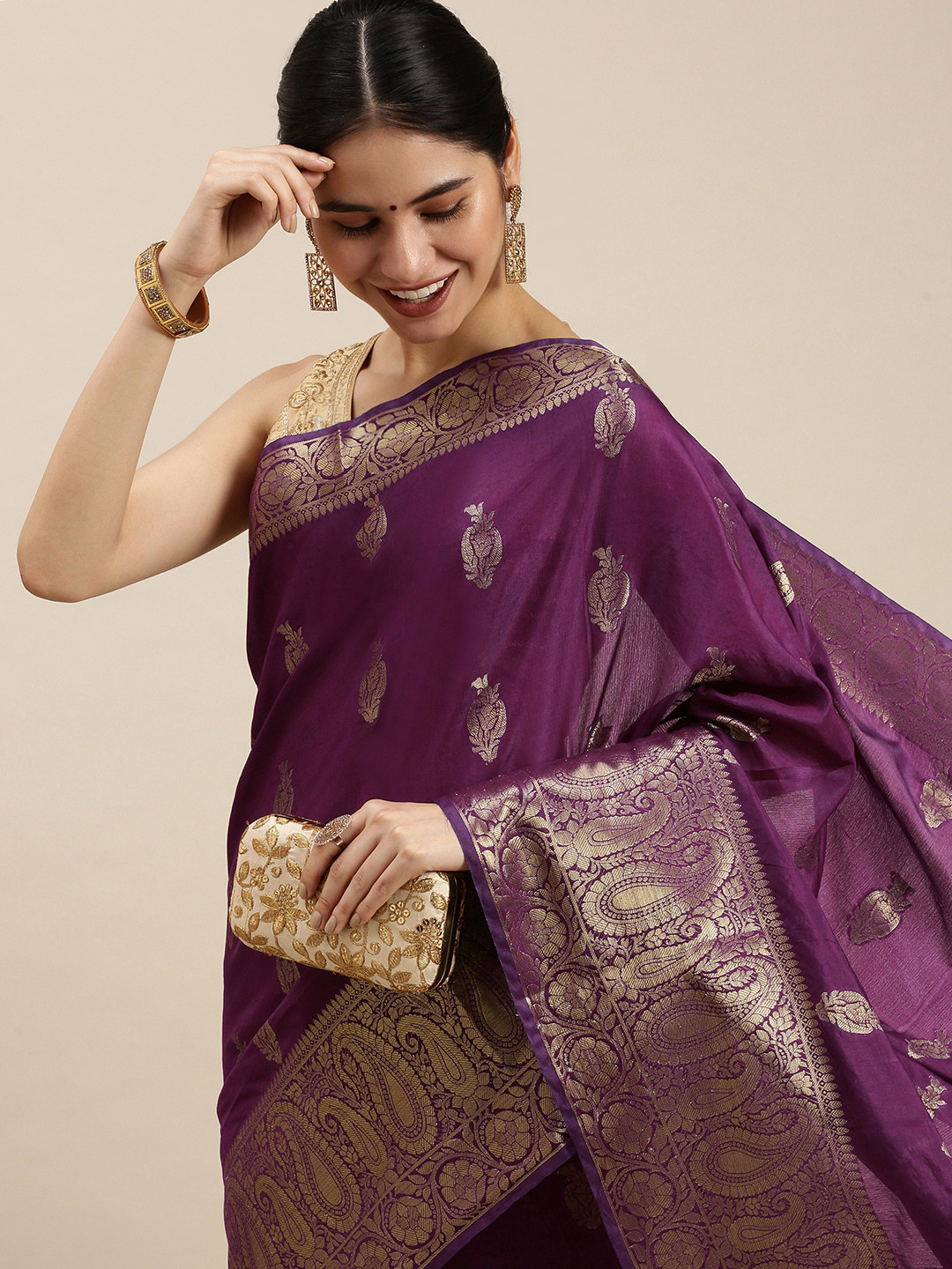 

swatika Purple & Gold-Toned Woven Design Paisley Pure Silk Bhagalpuri Saree