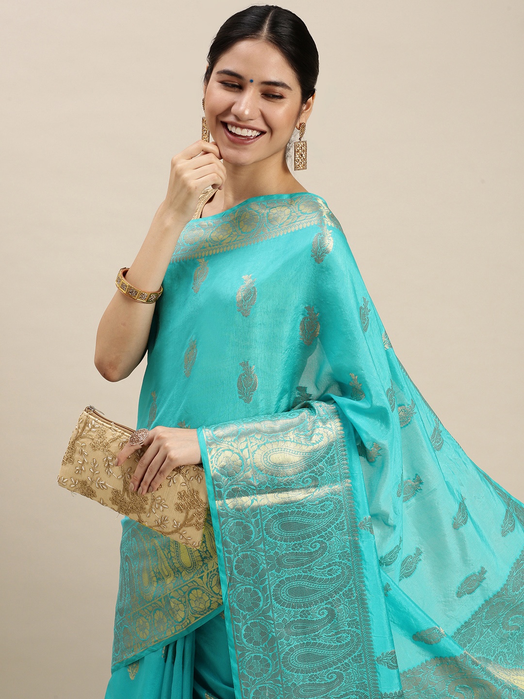

swatika Blue & Gold-Toned Woven Design Paisley Pure Silk Bhagalpuri Saree