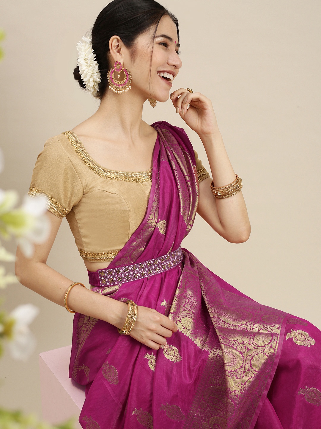 

swatika Purple & Gold-Woven Design Toned Paisley Pure Silk Bhagalpuri Saree