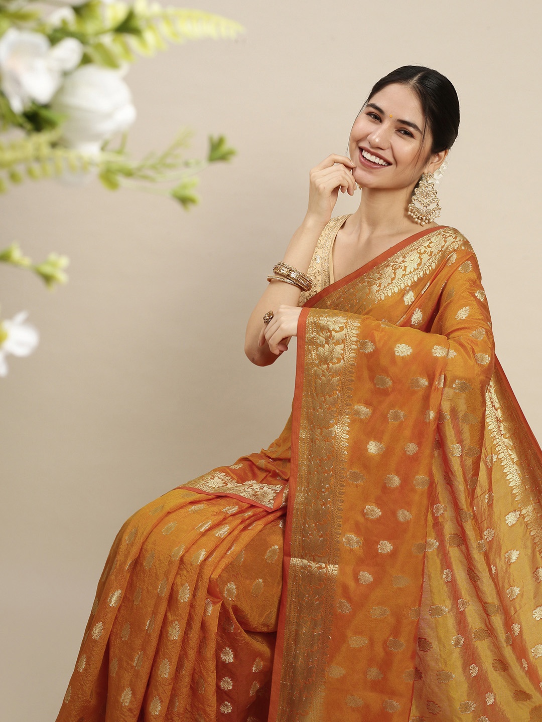 

swatika Yellow & Gold-Toned Woven Design Ethnic Motifs Pure Silk Bhagalpuri Saree