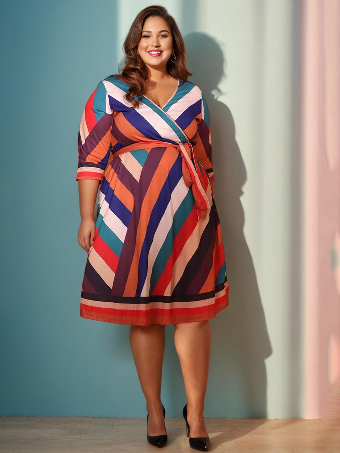 

Amydus Plus Size Striped Midi Wrap Dress, Multi