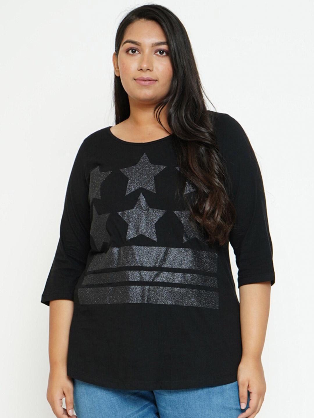 

Amydus Women Plus Size Black & dark gunmetal Printed T-shirt
