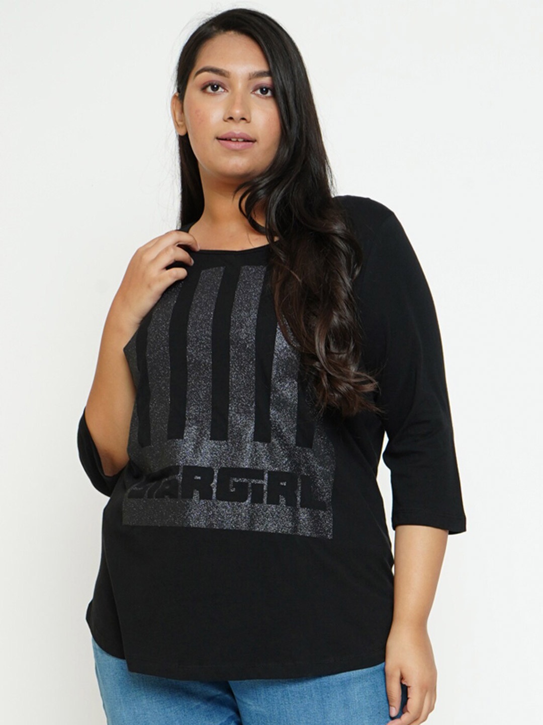 

Amydus Women Plus Size Black Printed T-shirt