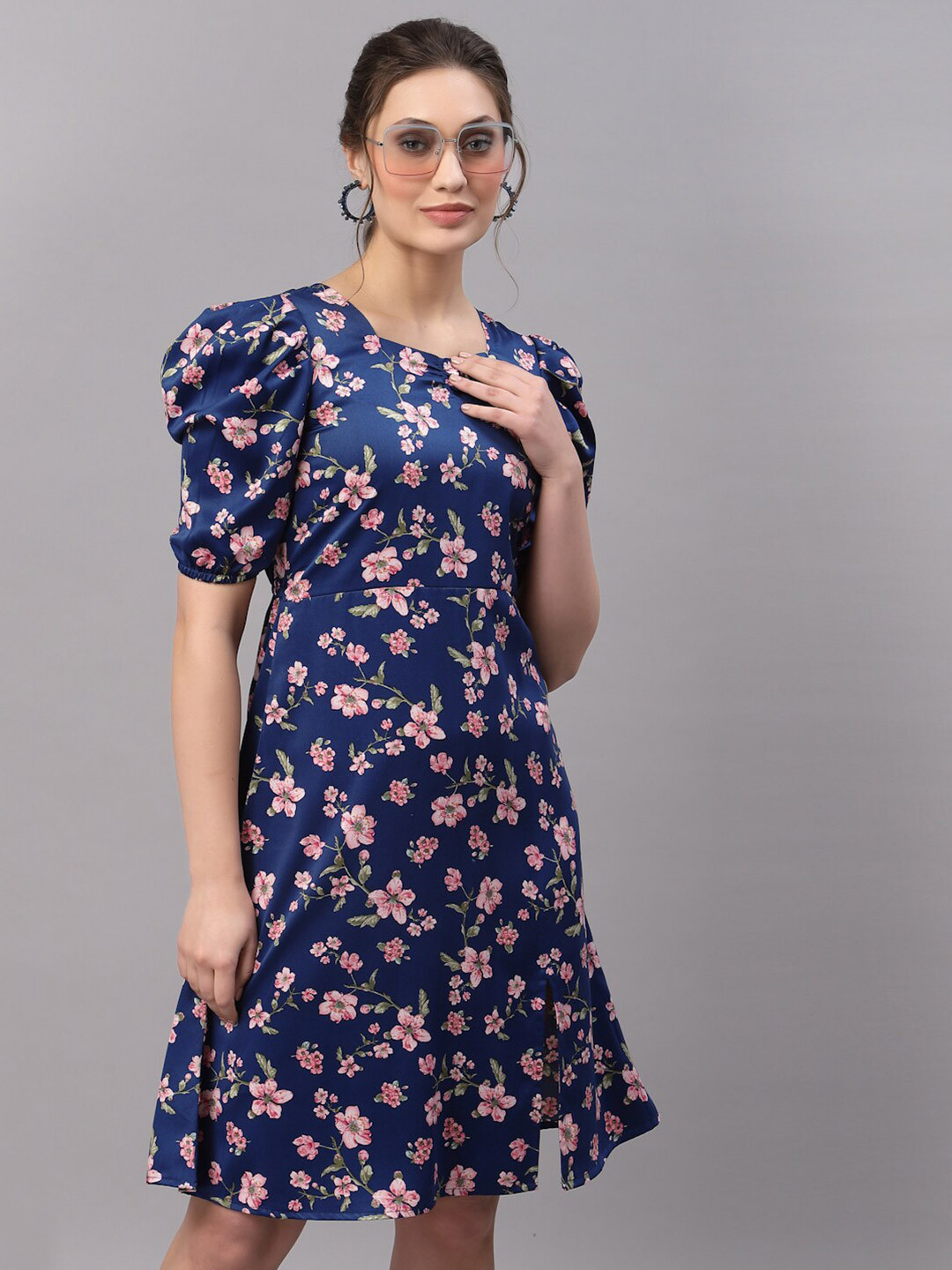 

Selvia Navy Blue Floral Crepe A-Line Printed Dress