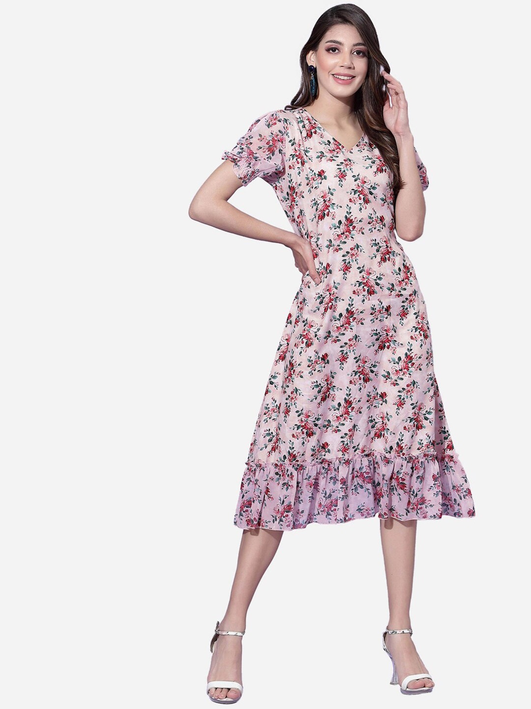 

Selvia Pink Floral A-Line Dress