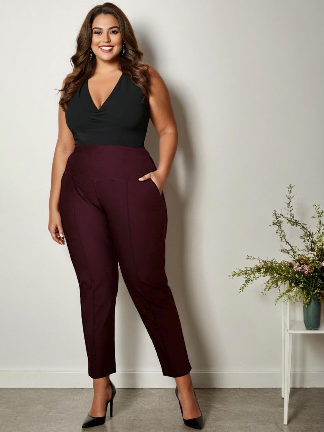 Amydus Women Plus Size Maroon Solid Ankle Length Jeggings