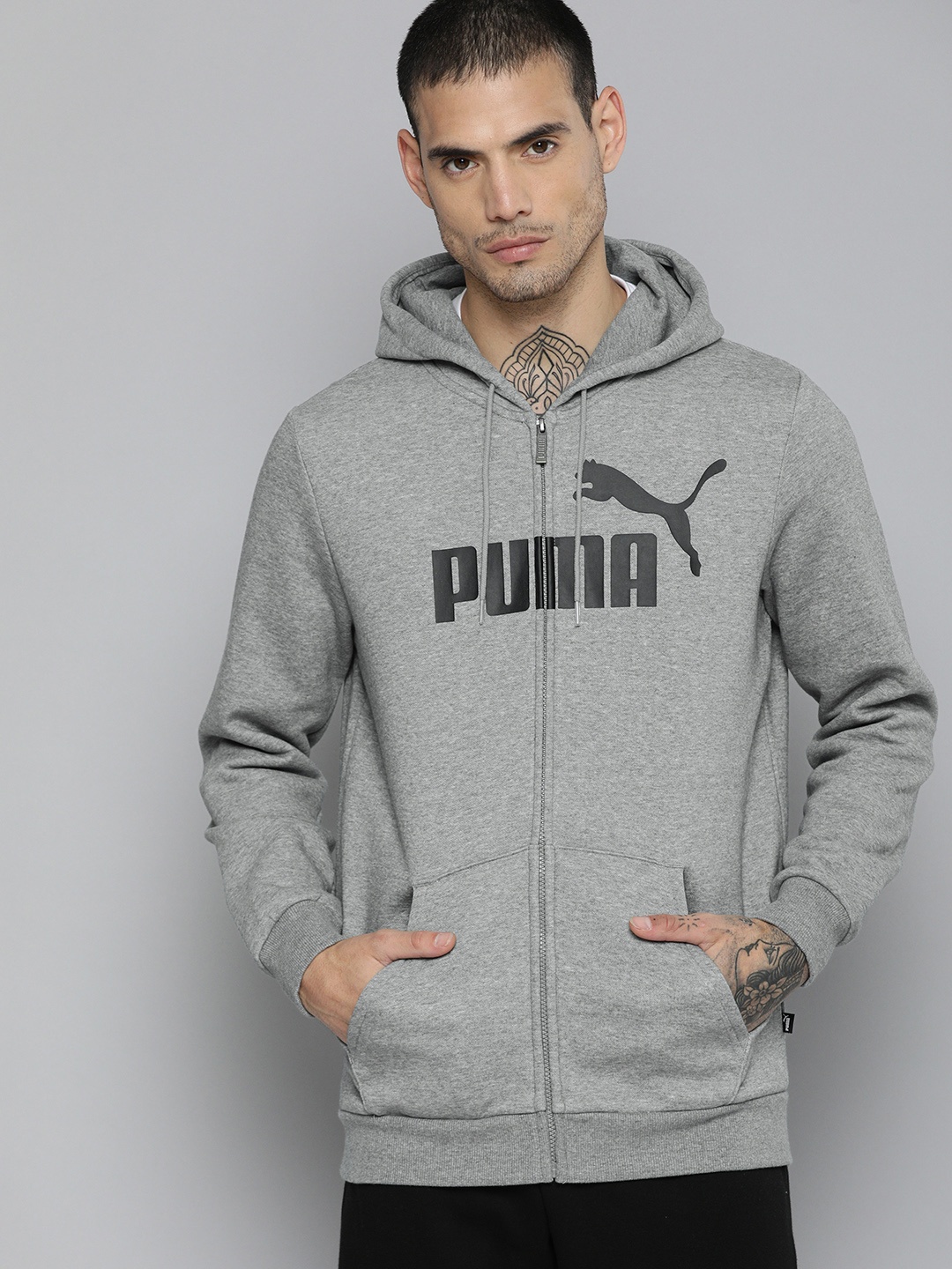 

Puma Men Brand Logo Printed Regular Fit Hooded Sporty Jacket, Grey