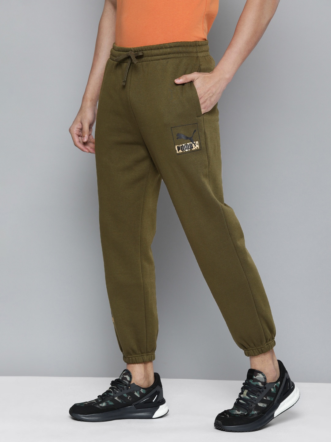

Puma Men Olive Brand Logo Printed Applique Relaxed Fit Love Joggers
