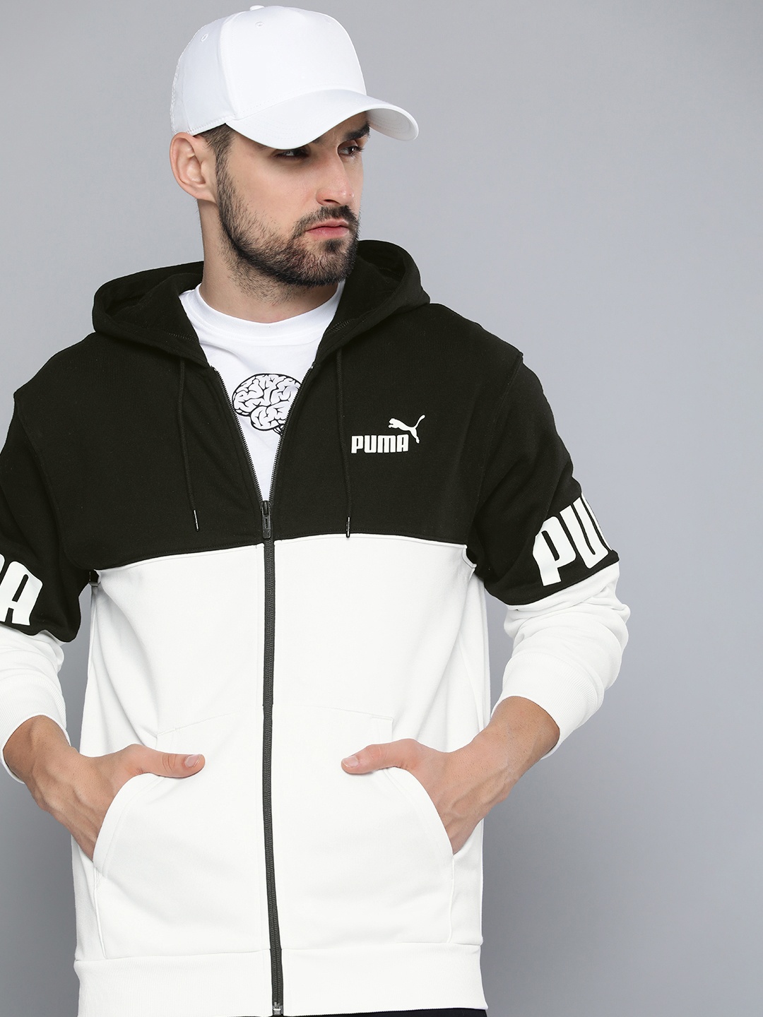 

Puma Men Colourblocked Power Full-Zip Hoodie Regular Fit Sporty Jacket, White