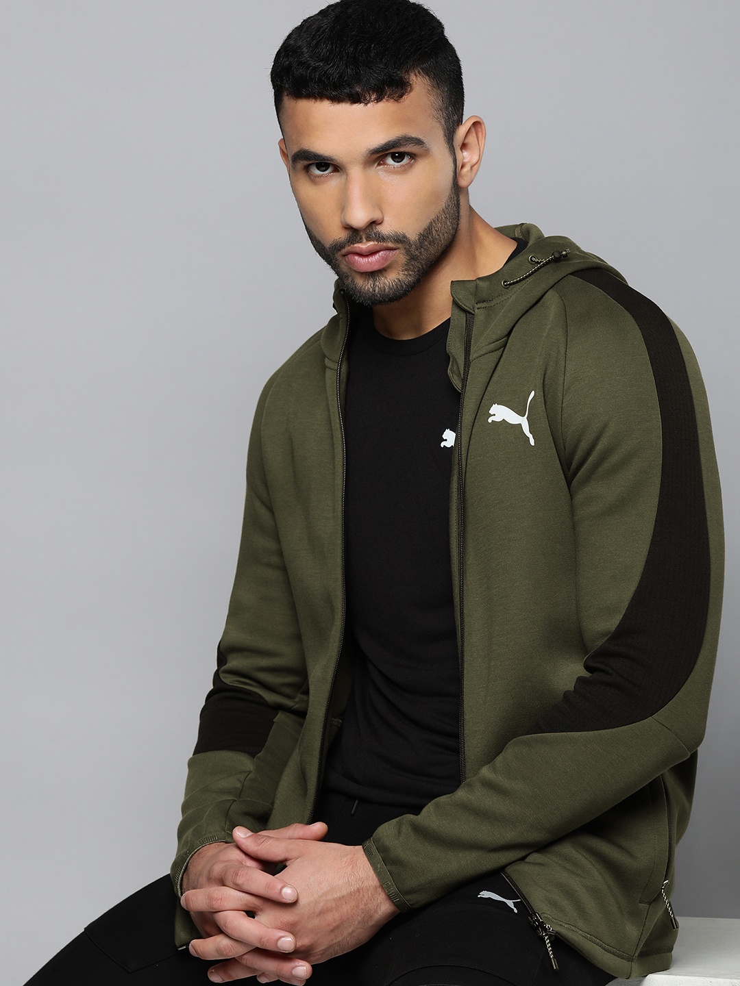 

Puma Men Olive Green DryCELL Slim Fit Evostripe Full-Zip Hooded Slim Fit Sporty Jacket