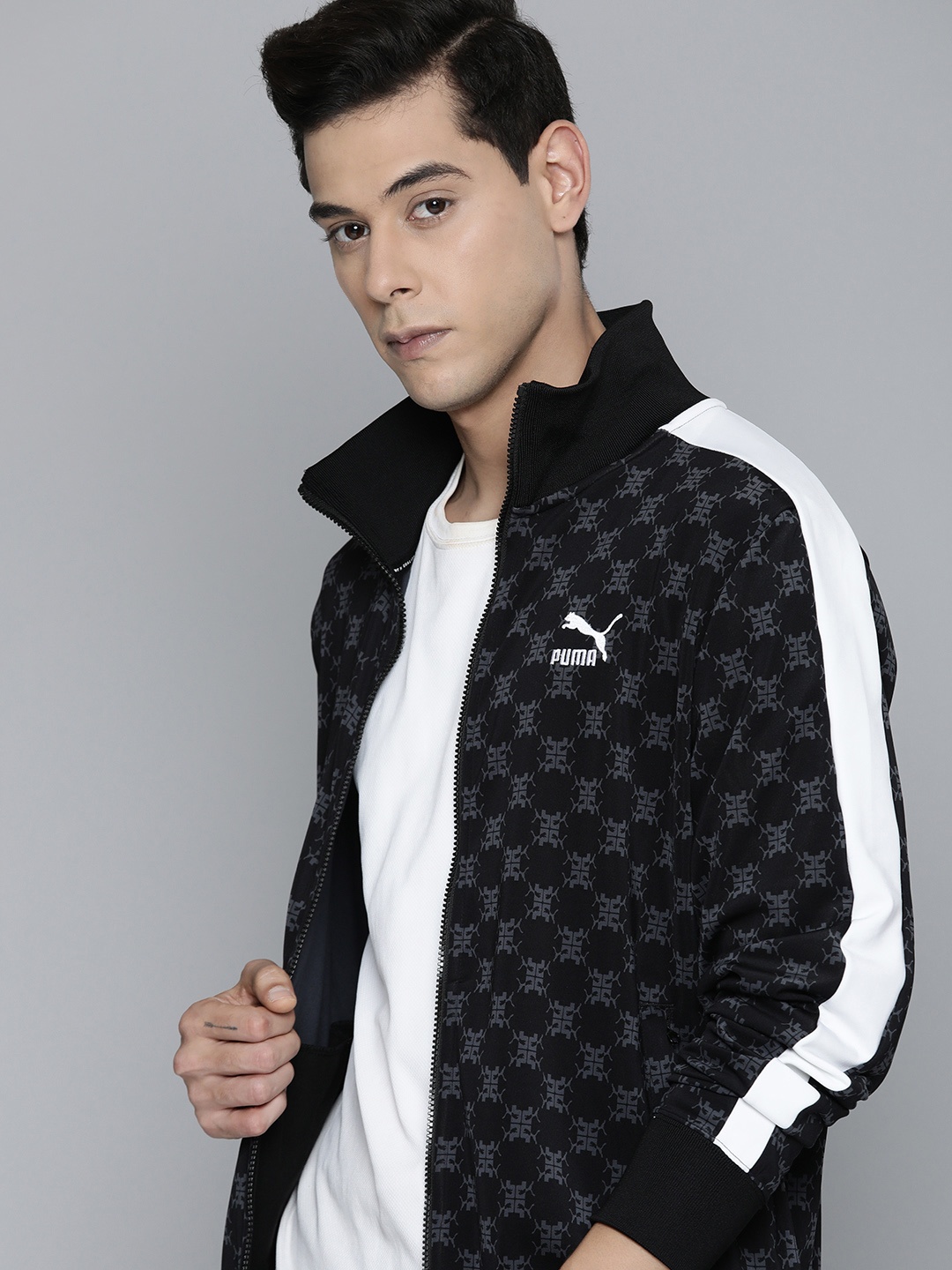 

Puma Men Black & Grey Brand Logo AOP Print dryCELL T7 Track Sporty Jacket