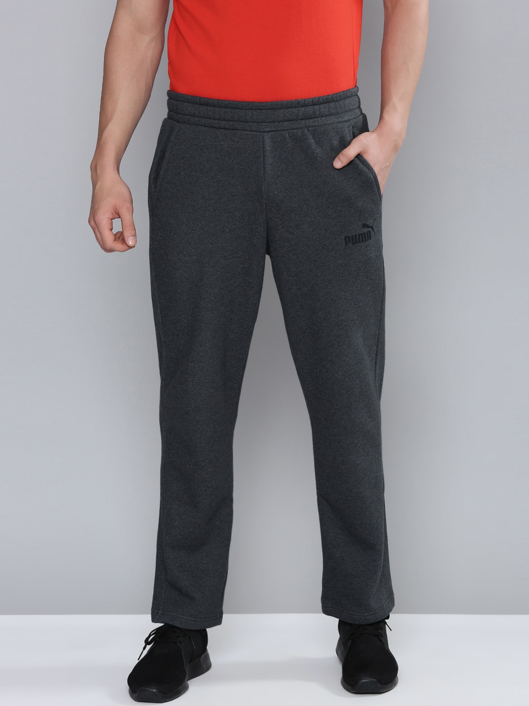 

Puma Men Charcoal Grey Melange Regular Fit Mid-Rise Knitted Essential Logo Track Pants