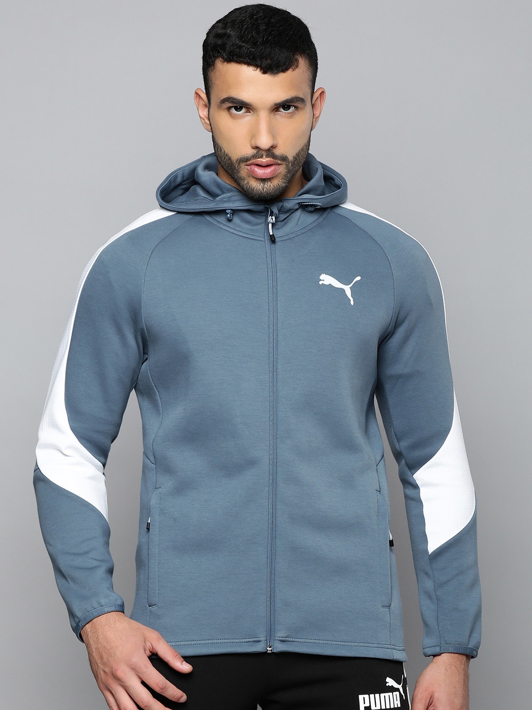 

Puma Men Blue DryCELL Slim Fit Evostripe Full-Zip Hooded Sporty Jacket, Grey