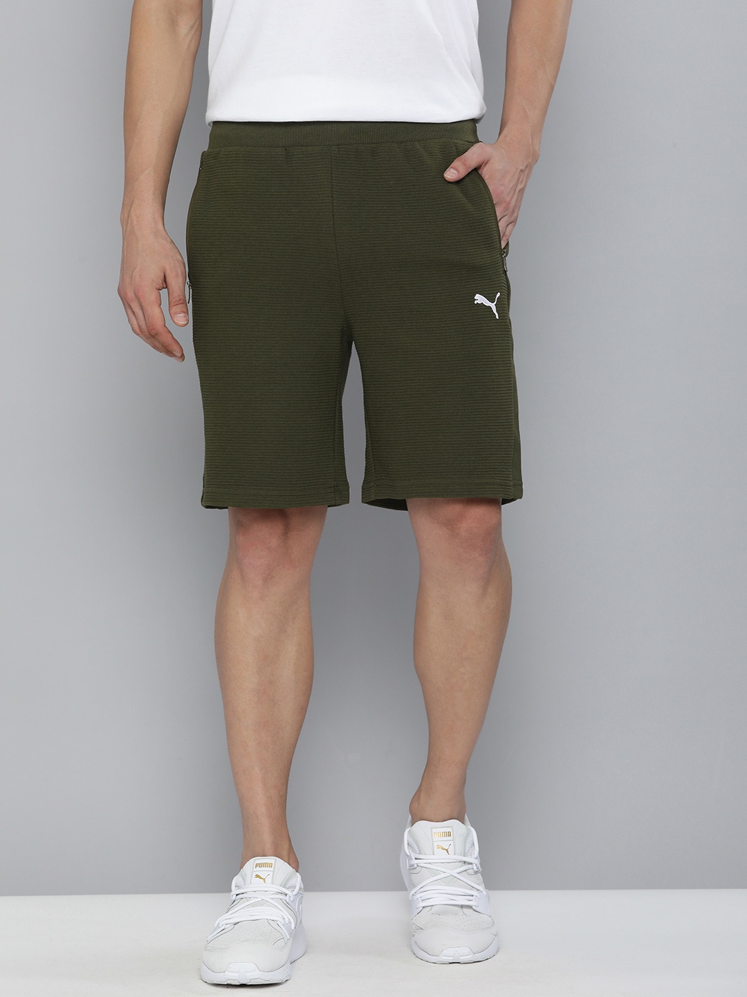 

Puma Men Olive Green Ribbed Slim Fit Sports Shorts