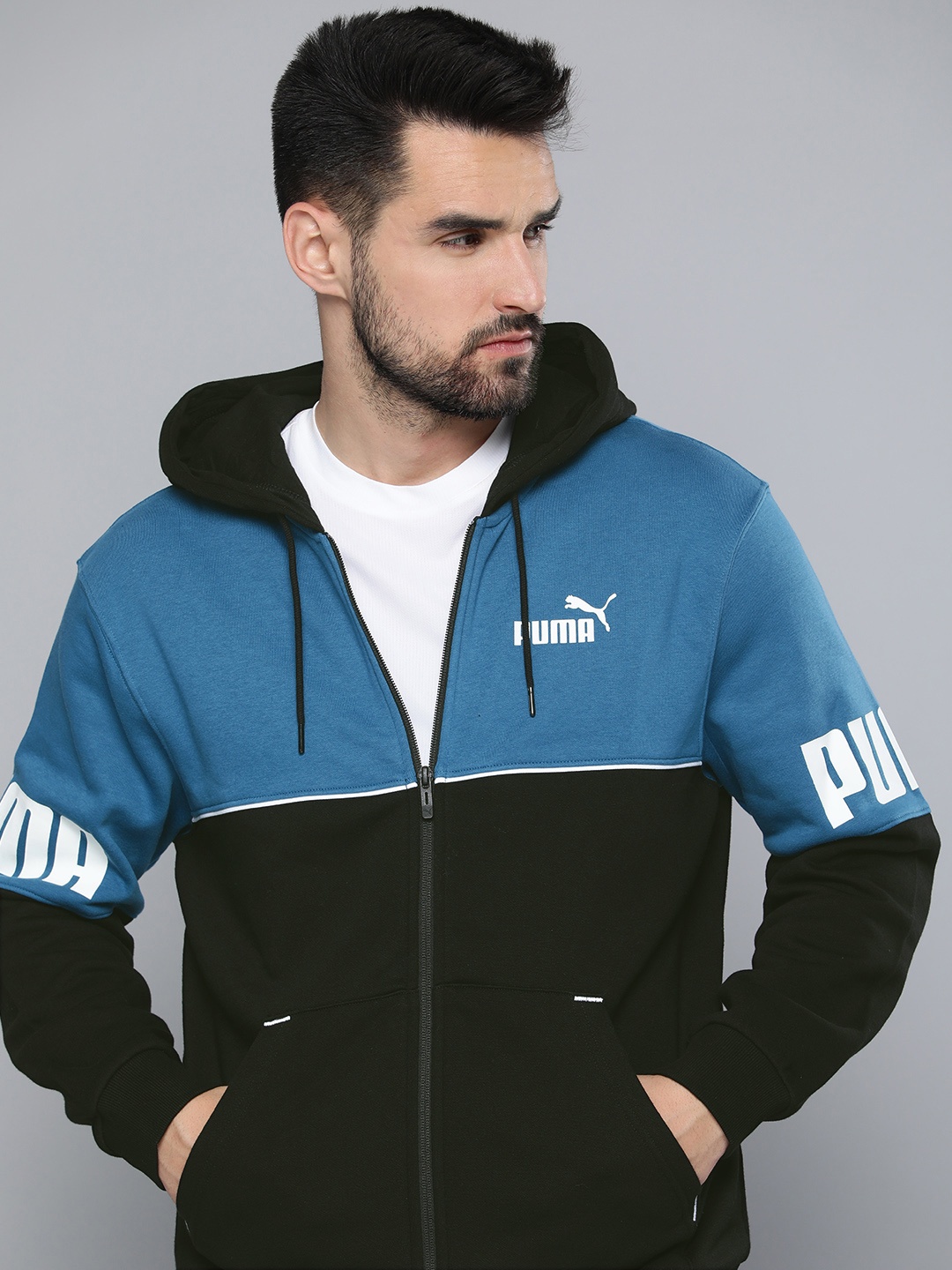 

Puma Men Blue & Black Colourblocked Power Full-Zip Hooded Regular Fit Sporty Jacket