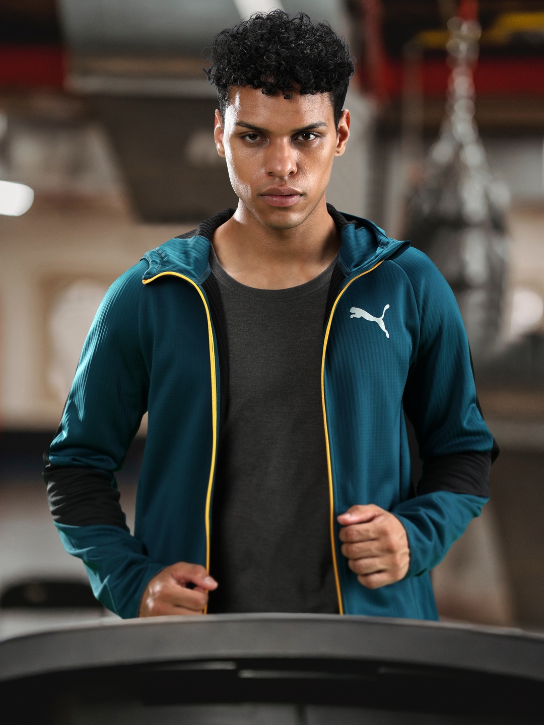 

Puma Men Checked Self Design Evostripe WarmCell Hooded Slim Fit Outdoor Sporty Jacket, Teal