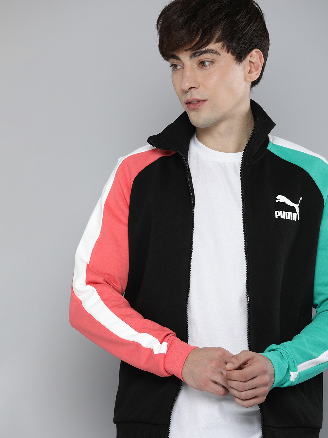

Puma Men Black And Green Colourblocked Mock-Collar Iconic T7 Double Knit Bomber Jacket