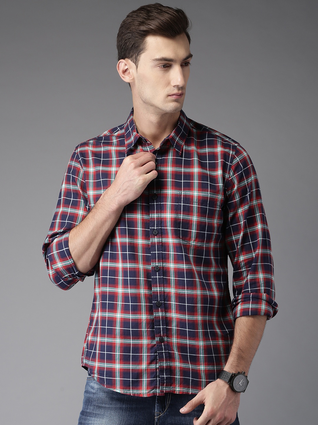 

Moda Rapido Men Navy & Red Checked Casual Shirt, Navy blue