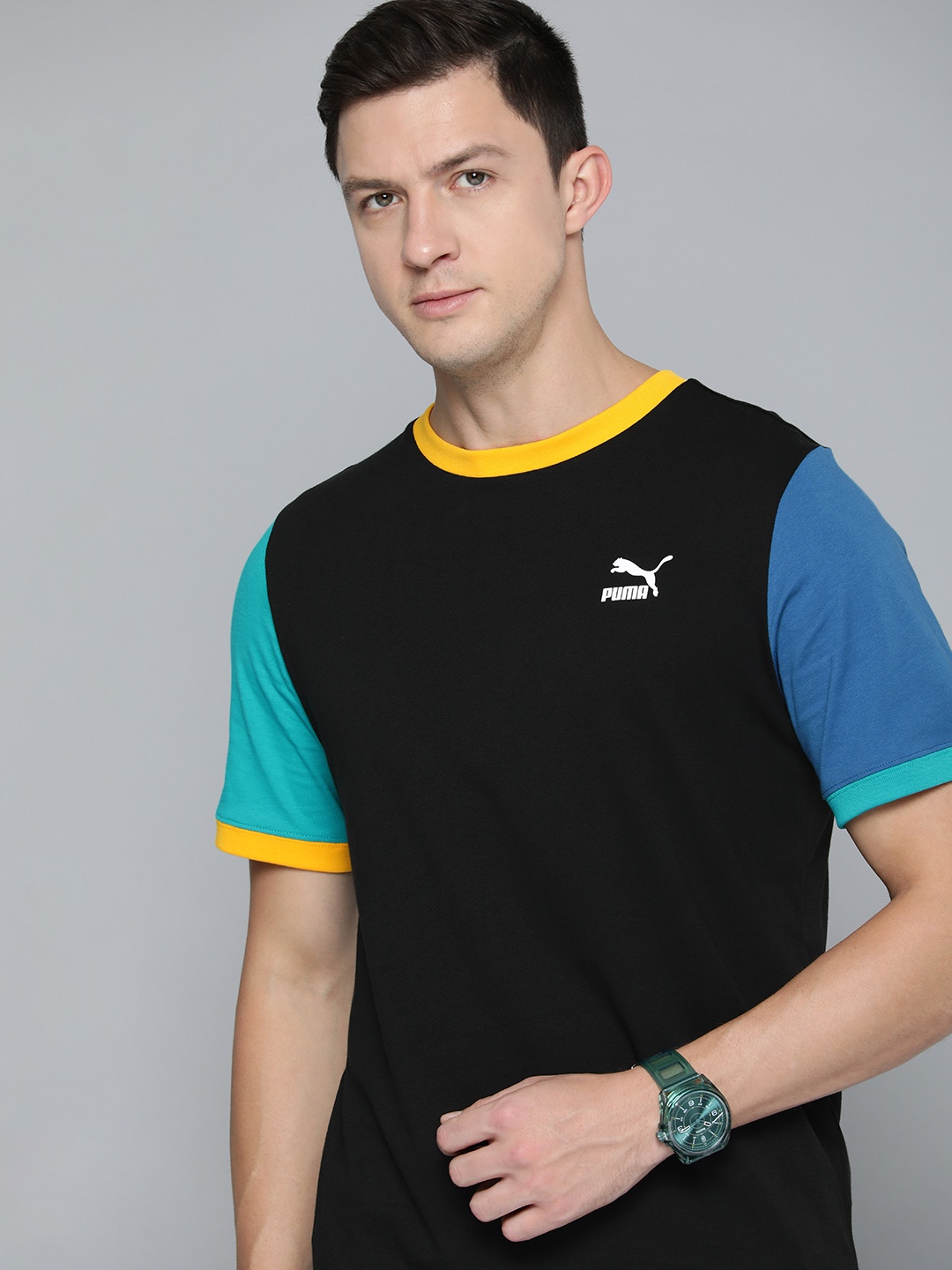 

Puma Men Black & Blue Pure Cotton Regular Fit T-shirt