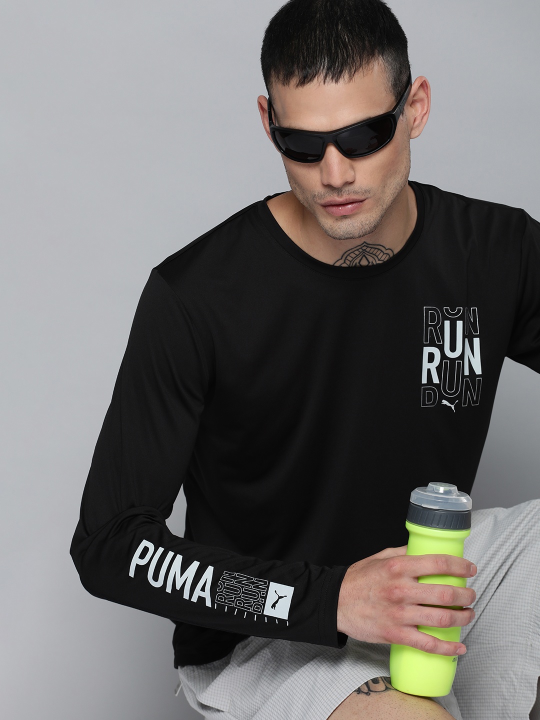 

Puma Men Brand Logo Printed RUN LS dryCELL T-shirt, Black