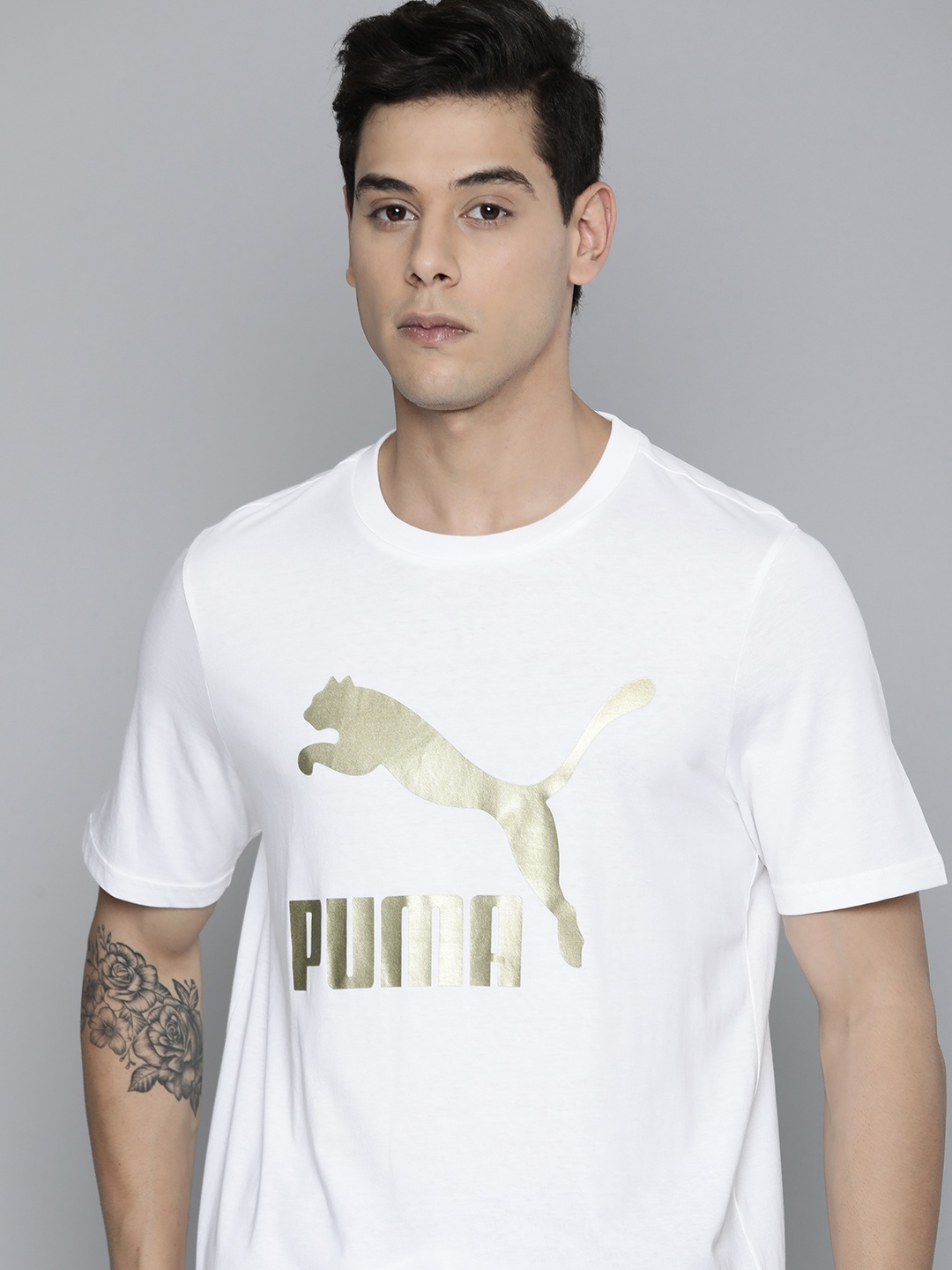 

Puma Men White Classics Metallic Brand Logo Printed Pure Cotton Regular Fit T-shirt