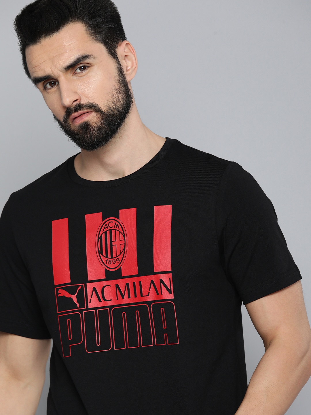 

Puma Men Black & Red Typography Printed Pure Cotton AC Milan FtblCore T-shirt