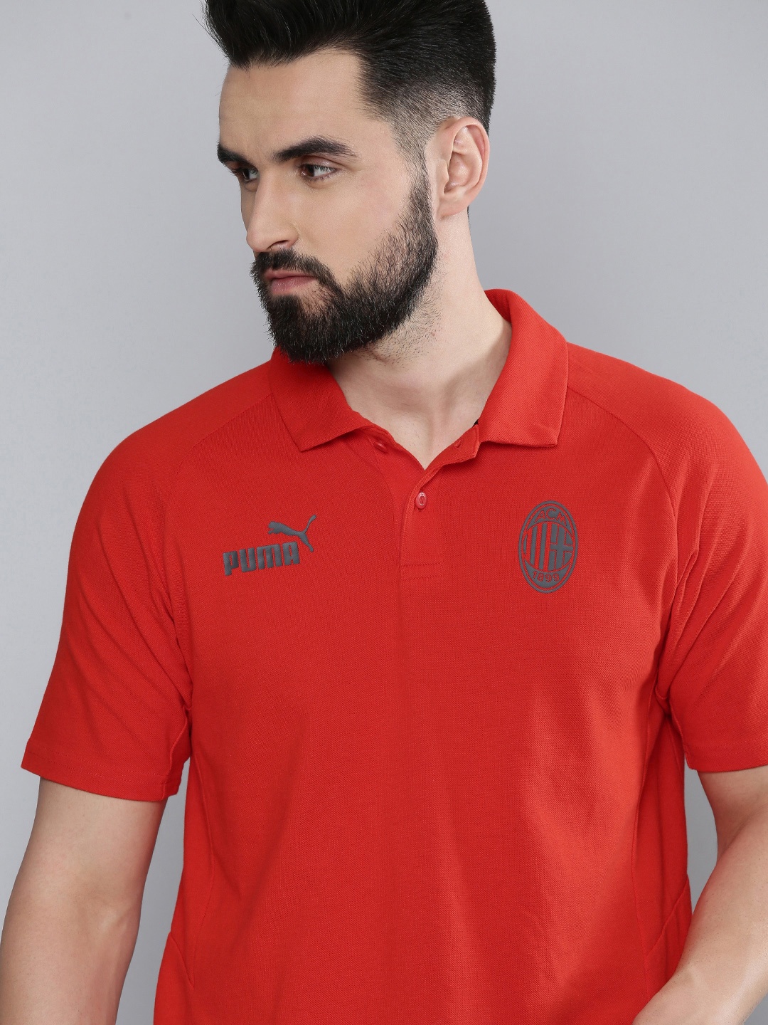 

Puma Men Regular Fit Brand Logo A C Milan Printed Polo Collar T-shirt, Red