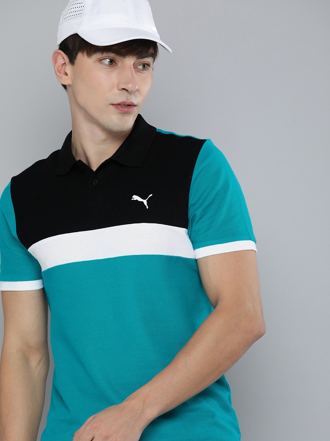 

Puma Men Colourblocked Polo Collar Pure Cotton Everfresh Slim Fit T-shirt, Turquoise blue