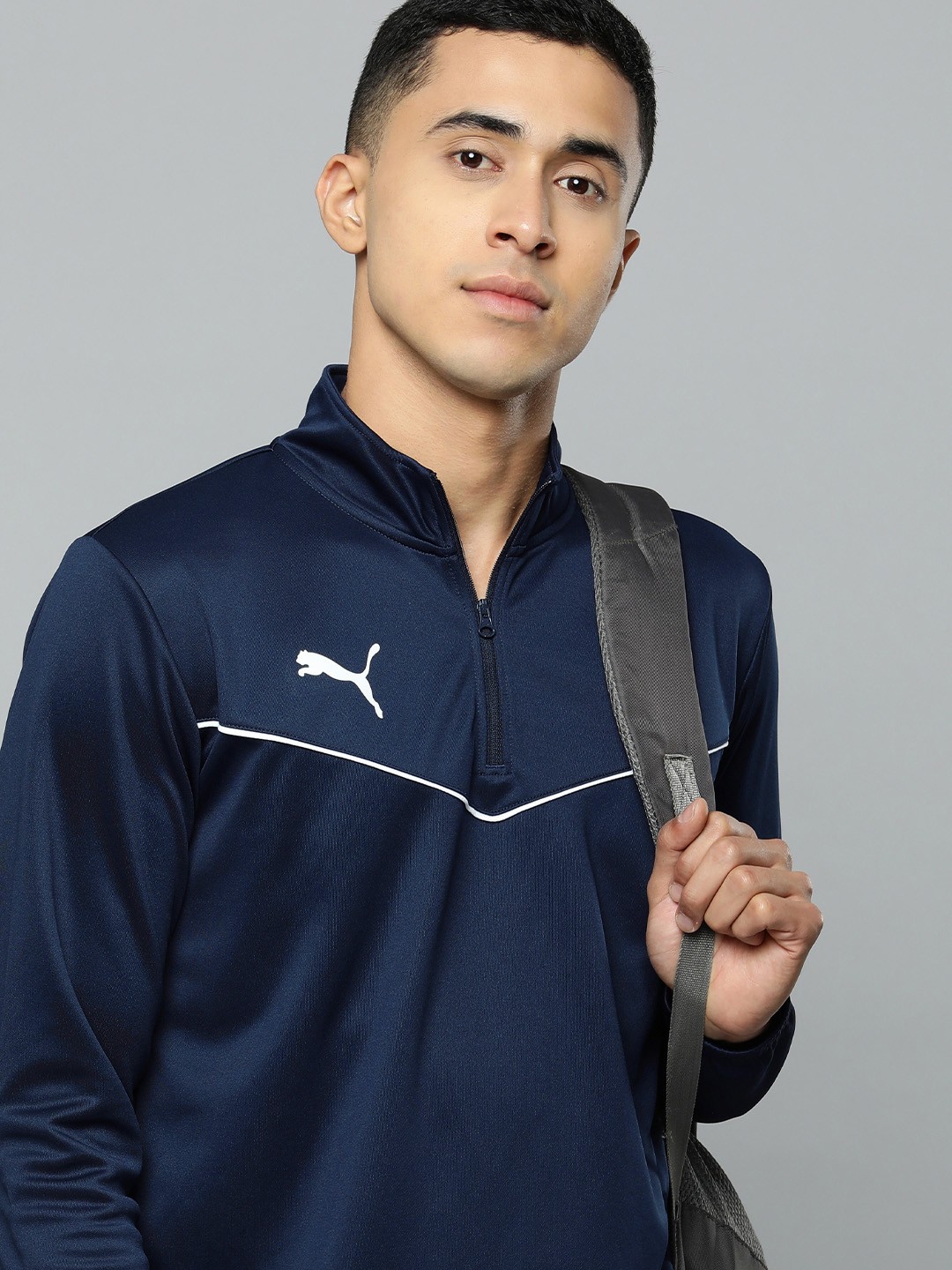 

Puma Brand Logo Detail Mandarin Collar Solid Football Regular Fit T-shirt, Navy blue