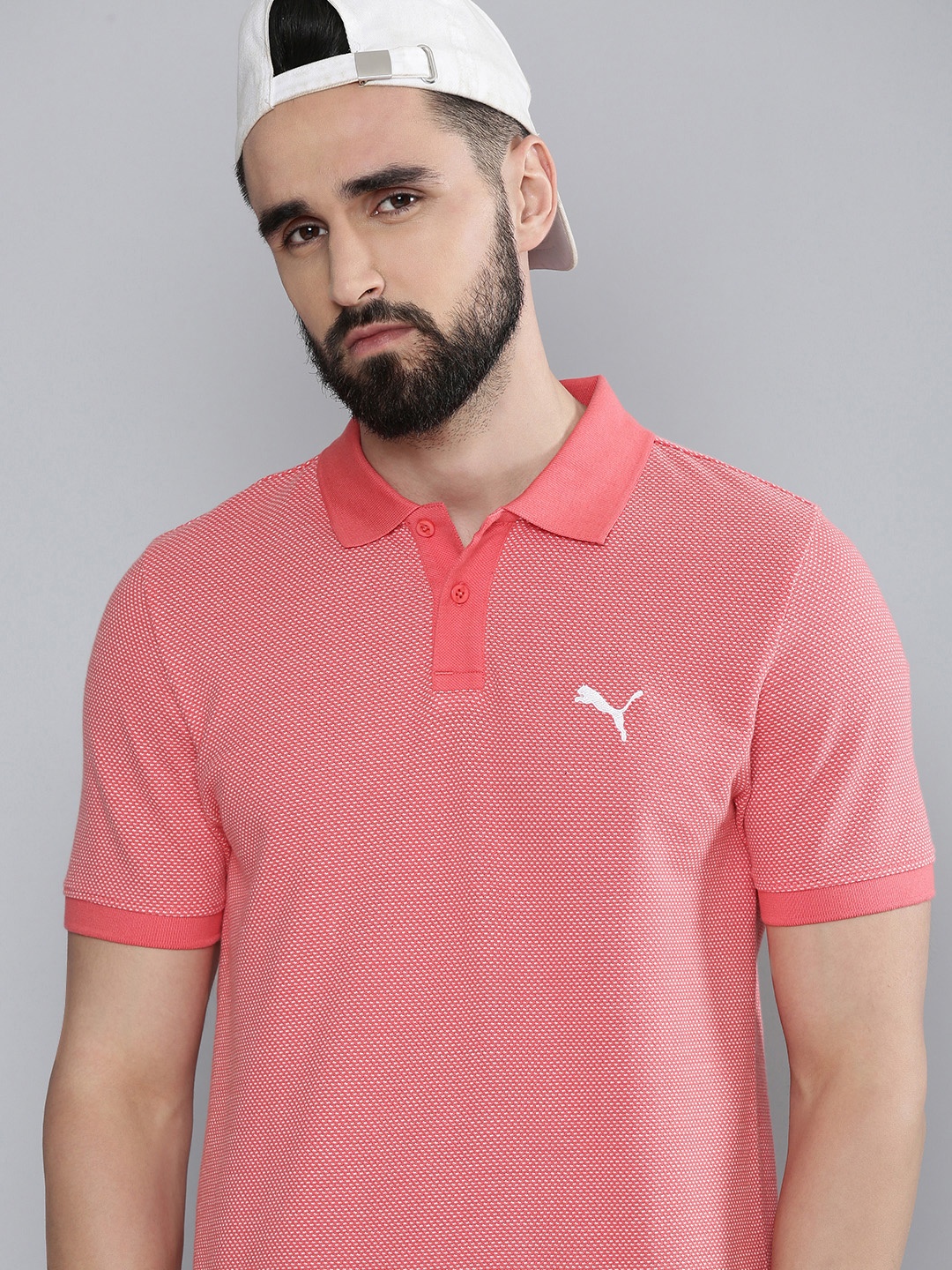 

Puma Men Pink Jacquard 3T Polo Collar Pure Cotton Slim Fit T-shirt